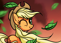 Size: 1754x1240 | Tagged: safe, artist:rambopvp, applejack, g4, alternate hairstyle, female, leaves, loose hair, solo, windswept mane, wink