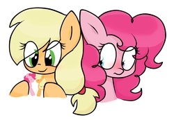 Size: 1422x984 | Tagged: safe, artist:toridesori, applejack, pinkie pie, pony, g4, blushing, duo, female, lesbian, now kiss, ship:applepie, shipping, toy