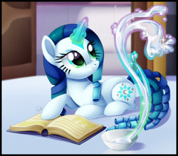 Size: 2040x1790 | Tagged: safe, artist:centchi, oc, oc only, oc:aqua wish, pony, unicorn, book, magic, solo, water