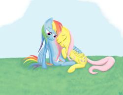 Size: 2191x1691 | Tagged: safe, artist:fonypan, fluttershy, rainbow dash, g4, female, hug, lesbian, ship:flutterdash, shipping, sleeping, winghug