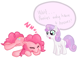 Size: 1764x1332 | Tagged: safe, artist:runbowdash, pinkie pie, sweetie belle, g4, confused, extra legs, puzzled, sleeping, sleipnir, wat