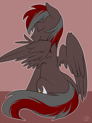 Size: 1100x1469 | Tagged: safe, artist:meggchan, oc, oc only, oc:soren nightsky, cute, eyes closed, male, preening, sitting, smiling, solo, spread wings, stallion