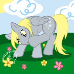 Size: 2000x2000 | Tagged: safe, artist:sterlingsilver, derpy hooves, pegasus, pony, g4, :o, ear scratch, female, flower, high res, horses doing horse things, mare, raised leg, scratching, solo