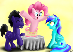 Size: 3508x2480 | Tagged: dead source, safe, artist:privia, pinkie pie, oc, g4, birthday, cake, high res, pinkie being pinkie, pinkie physics