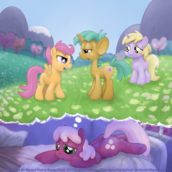 Size: 2000x2000 | Tagged: safe, artist:smudge proof, cheerilee, dinky hooves, scootaloo, snails, g4, bed, bloodshot eyes, commission, cover, fanfic art, field, grass field, gut instinct, high res, illustration, insomnia, night, sweat, thought bubble