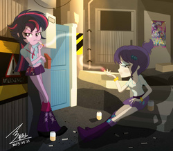 Size: 5203x4535 | Tagged: safe, artist:bluse, applejack, fluttershy, pinkie pie, rainbow dash, rarity, twilight sparkle, equestria girls, g4, my little pony equestria girls: rainbow rocks, absurd resolution, alternate hairstyle, beer, belly button, boots, breasts, cigarette, clothes, female, midriff, mohawk, movie poster, poster, punklight sparkle, show accurate, skirt, smoking, this will end in tears, warning