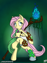 Size: 598x800 | Tagged: safe, artist:arthur9078, artist:dfectivedvice, fluttershy, semi-anthro, clothes, druid, female, fire, flutterdruid, mage, magic, solo, staff