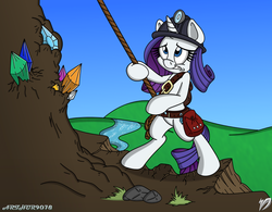 Size: 1027x800 | Tagged: safe, artist:arthur9078, artist:dfectivedvice, rarity, g4, bipedal, female, gem, helmet, hoof hold, mining helmet, mountain, mountain climbing, rope, solo