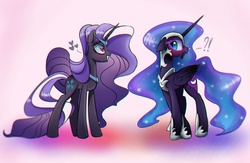 Size: 1600x1045 | Tagged: dead source, safe, artist:magnaluna, nightmare moon, nightmare rarity, alicorn, pony, unicorn, abstract background, blushing, chromatic aberration, crush, cute, dance of the nightmares, duality, embarrassed, exclamation point, female, heart, heart eyes, lesbian, mare, moonabetes, question mark, raribetes, self ponidox, selfcest, shipping, slit pupils, smiling, unamused, wingding eyes