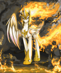 Size: 708x850 | Tagged: safe, artist:equum_amici, artist:santagiera, nightmare star, princess celestia, alicorn, pony, absurd file size, absurd gif size, animated, badass, cinemagraph, curved horn, epic, equestria is doomed, female, fire, gif, glare, helmet, hilarious in hindsight, looking at you, majestic, mane of fire, mare, regalia, run, smiling, smiling at you, smirk, smoke, solo, spread wings, visual effects of awesome, wings