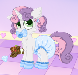 Size: 750x720 | Tagged: safe, artist:plinkie_poi, button mash, sweetie belle, booties, cute, diaper, fluffy, non-baby in diaper, pacifier, plushie, poofy diaper, solo