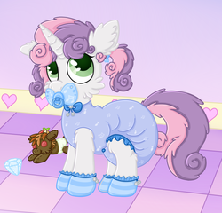 Size: 750x720 | Tagged: safe, artist:plinkie_poi, button mash, sweetie belle, booties, cute, diaper, fluffy, non-baby in diaper, onesie, pacifier, plushie, poofy diaper, solo
