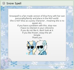 Size: 491x467 | Tagged: safe, oc, oc only, oc:snow spell, blatant lies, disney, dreamworks, elsa, explanation, frozen (movie), jack frost, meta, rise of the guardians, seems legit, text, totally not elsa, when you see it