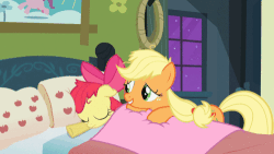Size: 500x281 | Tagged: safe, apple bloom, applejack, earth pony, pony, apple family reunion, g4, animated, bed, blanket, butt touch, female, filly, hoof on butt, mare, pillow, scrunchy face, sleeping, snoring, surprised