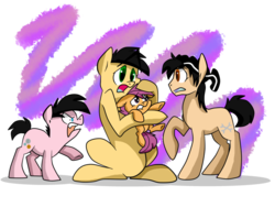 Size: 920x690 | Tagged: safe, artist:chub-wub, scootaloo, chicken, earth pony, pony, g4, angry, colt, crossover, double d, ed (ed edd n eddy), ed edd n eddy, edd, eddy (ed edd n eddy), eye contact, female, filly, floppy ears, frown, glare, gritted teeth, hug, lidded eyes, looking at each other, male, open mouth, ponified, raised hoof, restrained, sad, scared, scootachicken, simple background, size difference, transparent background, underhoof, wide eyes