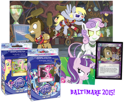Size: 1024x840 | Tagged: safe, artist:pixelkitties, enterplay, derpy hooves, doctor whooves, fluttershy, minuette, octavia melody, pinkie pie, rainbow dash, roseluck, starlight glimmer, tank, time turner, twilight sparkle, cyberman, earth pony, pegasus, pony, robot, robot pony, unicorn, bronycon, equestrian odysseys, g4, my little pony collectible card game, 3d glasses, ccg, celery, clock, clothes, cyberbelle, female, fez, filly, foal, fob watch, hat, hooves, horn, male, mare, merchandise, scarf, stallion, sweetie bot, teeth, weeping angel, when you see it, wubcart
