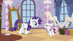 Size: 1366x768 | Tagged: safe, screencap, rarity, sweetie belle, pony, unicorn, g4, sisterhooves social, horn, pouting