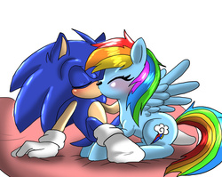 Size: 920x731 | Tagged: safe, artist:angelofhapiness, rainbow dash, g4, blushing, crossover, crossover shipping, eyes closed, female, interspecies, kissing, male, prone, shipping, sitting, sonic the hedgehog, sonic the hedgehog (series), sonicdash, spread wings, straight