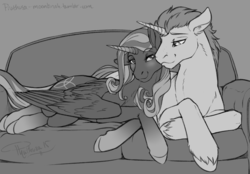 Size: 1500x1041 | Tagged: safe, artist:phathusa, oc, oc only, oc:guardian flame, oc:trinity soul, alicorn, pony, unicorn, :3, bedroom eyes, couch, cuddling, female, floppy ears, gray background, grayscale, guard, looking at you, male, mare, monochrome, prone, simple background, smiling, snuggling, stallion, unshorn fetlocks