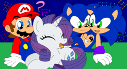 Size: 1050x570 | Tagged: safe, artist:heartinarosebud, rarity, hedgehog, human, unicorn, g4, conjoined, conjoined twins, crossover, male, mario, mario & sonic, mario and sonic, nintendo, sega, sonic the hedgehog, sonic the hedgehog (series), super mario bros., super smash bros., tetris, two heads, yin-yang