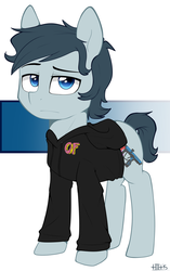 Size: 752x1200 | Tagged: safe, artist:higglytownhero, oc, oc only, oc:dust strike, clothes, hoodie, simple background, solo