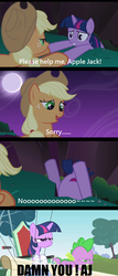 Size: 550x1289 | Tagged: safe, anonymous editor, edit, edited screencap, screencap, applejack, spike, twilight sparkle, dragon, earth pony, pony, unicorn, feeling pinkie keen, friendship is magic, g4, season 1, abuse, baby, baby dragon, cliff, female, male, screencap comic, spike is not amused, trio, twilight sparkle is not amused, twilybuse, unamused, unicorn twilight, wingless spike