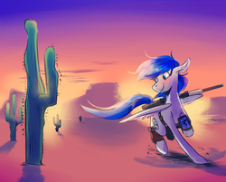 Size: 3550x2850 | Tagged: safe, artist:imsokyo, oc, oc only, oc:sapphire sights, pegasus, pony, fallout equestria, cactus, cutie mark, desert, female, gun, high res, holster, hooves, mare, optical sight, pipbuck, pistol, raised eyebrow, rifle, running, saguaro cactus, smiling, sniper, sniper rifle, solo, sunset, wasteland, weapon, wings