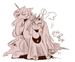 Size: 580x480 | Tagged: safe, artist:murai shinobu, princess celestia, princess luna, g4, cropped, cute, exclamation point, eyes closed, floppy ears, frown, hug, japanese, monochrome, pixiv, sisters, sitting, surprised, wide eyes, winghug