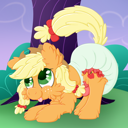 Size: 1000x1000 | Tagged: safe, artist:plinkie_poi, applejack, earth pony, pony, :p, cute, cutie mark, diaper, female, fluffy, freckles, non-baby in diaper, poofy diaper, silly, solo, tongue out, tree