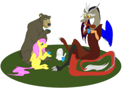 Size: 1024x731 | Tagged: safe, artist:polarliger, angel bunny, discord, fluttershy, harry, bear, g4, simple background, tea, tea party, transparent background