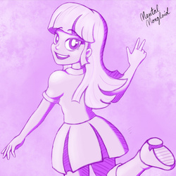 Size: 600x600 | Tagged: safe, artist:mentalmongloid, twilight sparkle, equestria girls, g4, action pose, blouse, boots, clothes, female, hair, looking back, monochrome, open mouth, open smile, puffy sleeves, running, shoes, skirt, smiling, solo, teenager