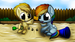 Size: 1024x576 | Tagged: safe, artist:lupiarts, rainbow dash, spitfire, g4, bucket, cute, cutefire, dashabetes, diabetes, female, filly, filly rainbow dash, filly spitfire, flag, fun, grin, hoof hold, open mouth, sandbox, sandcastle, shovel, sitting, smiling, underhoof, younger