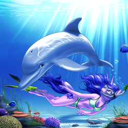 Size: 3000x3000 | Tagged: safe, artist:mykegreywolf, sea swirl, seafoam, dolphin, fish, lobster, unicorn, anthro, unguligrade anthro, g4, belly button, bikini, breasts, bubble, cleavage, clothes, coral, crepuscular rays, diving, female, flippers, flippers (gear), freediving, high res, smiling, snorkel, snorkeling, solo, swimming, swimsuit, underwater