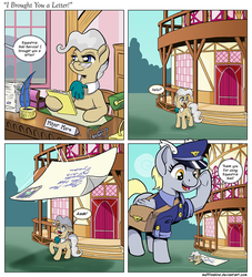 Size: 1200x1322 | Tagged: safe, artist:muffinshire, derpy hooves, mayor mare, pegasus, pony, do princesses dream of magic sheep, g4, comic, derpysaur, desk, female, giant pony, hat, letter, macro, mailbag, mailmare, mare, muffinshire is trying to murder us, newton's cradle, panic, shocked, town hall