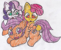 Size: 1280x1042 | Tagged: safe, artist:cuddlelamb, apple bloom, scootaloo, sweetie belle, pegasus, pony, g4, butt touch, cutie mark, cutie mark crusaders, diaper, female, filly, foal, hoof on butt, traditional art