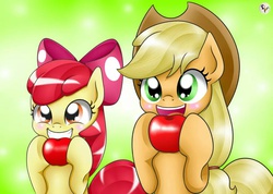Size: 1024x730 | Tagged: safe, artist:lielie, apple bloom, applejack, earth pony, pony, g4, adorabloom, apple, applebetes, cowboy hat, cute, duo, eating, female, food, hair ribbon, hat, jackabetes, mare, pixiv, sisters, that pony sure does love apples