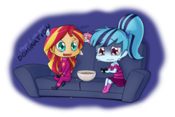 Size: 1920x1280 | Tagged: safe, artist:slackerburst, sonata dusk, sunset shimmer, equestria girls, g4, chibi, clothes, crying, cute, duo, gaming, skirt, sonatabetes