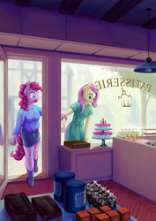 Size: 1280x1810 | Tagged: safe, artist:dahtamnay, fluttershy, pinkie pie, anthro, g4, cake, clothes, dress, skirt