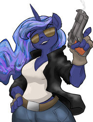 Size: 779x1025 | Tagged: safe, artist:slouping, princess luna, anthro, g4, badass, belt, belt buckle, clothes, female, fingerless gloves, glasses, gloves, gun, jeans, leather jacket, looking at you, sheriff, solo, trigger discipline, wip