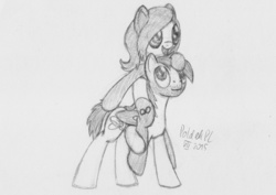 Size: 1063x751 | Tagged: safe, artist:poldekpl, oc, oc only, oc:gloomy panda, oc:poldek, earth pony, pegasus, pony, happy, monochrome, pencil drawing, piggyback ride, simple background, sketch, traditional art