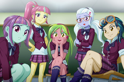 Size: 1200x800 | Tagged: safe, artist:uotapo, indigo zap, lemon zest, sour sweet, sugarcoat, sunny flare, human, equestria girls, friendship games, g4, bow, bowtie, chair, chalkboard, clothes, crystal prep academy, crystal prep academy uniform, cute, ear piercing, earring, female, freckles, glasses, goggles, happy, jewelry, legs, looking at you, meganekko, open mouth, piercing, plaid skirt, pleated skirt, school uniform, schoolgirl, shadow five, shocked, sitting, skirt, smiling, socks, unsure, varying degrees of want, vest, wallpaper