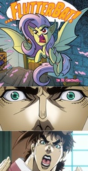 Size: 660x1290 | Tagged: safe, artist:tony fleecs, edit, idw, fluttershy, bat pony, pony, vampire, friendship is magic #32, g4, night of the living apples, spoiler:comic, battle tendency, female, flutterbat, jojo's bizarre adventure, joseph joestar, mare, oh no, open mouth, speech bubble, spread wings, wings