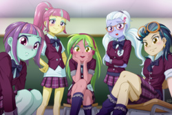 Size: 1200x802 | Tagged: safe, alternate version, artist:uotapo, indigo zap, lemon zest, sour sweet, sugarcoat, sunny flare, equestria girls, g4, my little pony equestria girls: friendship games, bedroom eyes, blurry, blushing, chalkboard, clothes, crystal prep academy, crystal prep academy uniform, crystal prep shadowbolts, female, glasses, hairclip, looking at you, pigtails, ponytail, school uniform, schoolgirl, shadow five, varying degrees of want