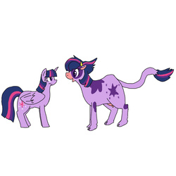 Size: 800x800 | Tagged: safe, artist:kushina13, twilight sparkle, alicorn, cow, pony, g4, alternate hairstyle, duo, duo female, female, folded wings, horn, looking at each other, looking at someone, mare, punklight sparkle, self ponidox, simple background, species swap, twilight sparcow, twilight sparkle (alicorn), udder, white background, wings
