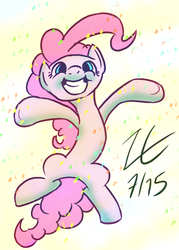 Size: 647x903 | Tagged: safe, artist:liracrown, pinkie pie, g4, confetti, female, jumping, smiling, solo