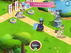 Size: 1024x768 | Tagged: safe, gameloft, screencap, colter sobchak, princess celestia, trixie, zecora, pony, unicorn, zebra, g4, female, mare, shadowbolts, statue