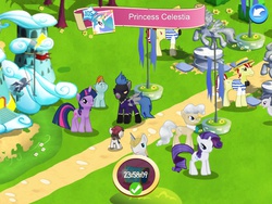 Size: 1024x768 | Tagged: safe, gameloft, screencap, flam, flim, mayor mare, nightshade, pipsqueak, prince blueblood, princess celestia, rarity, rumble, snips, twilight sparkle, pegasus, pony, g4, colt, male, statue