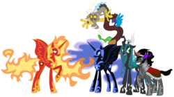 Size: 10551x5901 | Tagged: safe, artist:brony-artisan, discord, king sombra, nightmare moon, nightmare star, queen chrysalis, alicorn, changeling, changeling queen, draconequus, pony, unicorn, g4, absurd resolution, antagonist, ethereal mane, mane of fire, raised hoof, simple background, starry mane, transparent background, vector