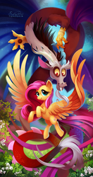 Size: 529x1000 | Tagged: safe, artist:tsaoshin, discord, fluttershy, draconequus, pegasus, pony, g4, beautiful, duo, female, flower, long tail, looking at someone, looking at you, male, mare, plant, plants, scenery, signature, smiling, spread wings, tail, wings