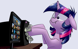 Size: 899x564 | Tagged: safe, artist:underpable, edit, twilight sparkle, g4, :t, computer, derp, female, floppy ears, messy mane, money, nose wrinkle, scrunchy face, shut up and take my money, solo, steam (software), steam sale, steam summer sale, wide eyes, wingless edit